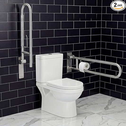 Zonon 2 Pack Flip Up Toilet Safety Rails, Anti Slip Extra Long Handicap Grab Bar with Paper Holder, Heavy Duty Bathroom Support Rail for Elderly Disabled Pregnant (Stainless Steel,30.3 Inch,Classic)