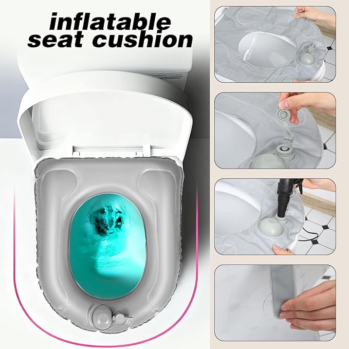 Gilprop Travel Toilet Seat Riser Inflatable Padded Toilet Seat for Seniors Portable PVC Bedside Commode Grey Raised Cushion with Suction Cup and Storage Bag for Elderly Recovery Senior Travel Camping