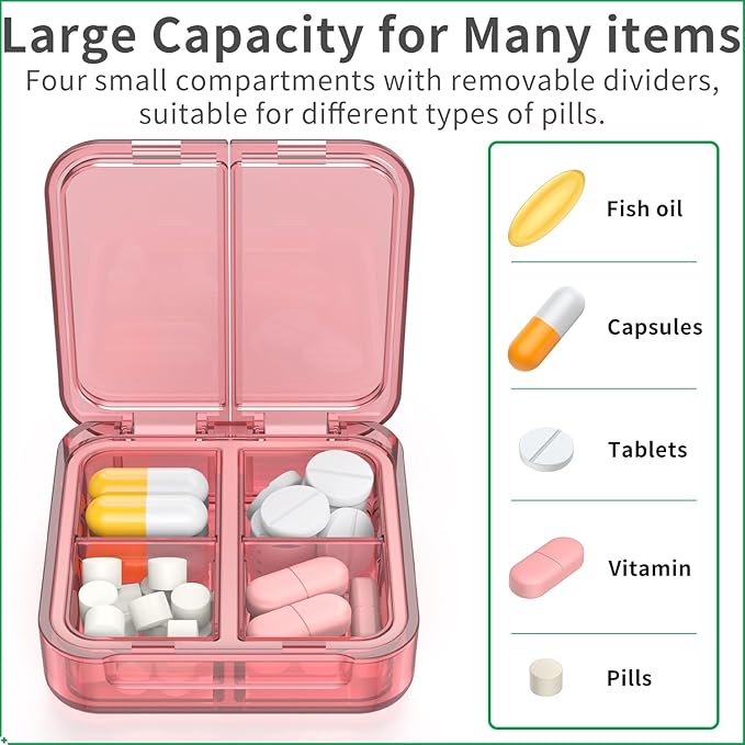 Small Pill Box,4 Compartments Travel Pill Case, Portable Pill Organizer,Mini Pill Container for Pocket,Daily Compact Travel Medicine Holder for Vitamins Fish Oil and Supplement Storage(Pink+Purple)
