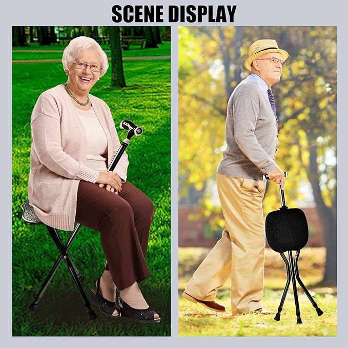Yayayo Hold 440 lbs Folding Canes with Seat Walking Stick Height Adjustment Cane Seat Capacity Frosted Handle with Magnetic Therapy Stone Crutches Stool