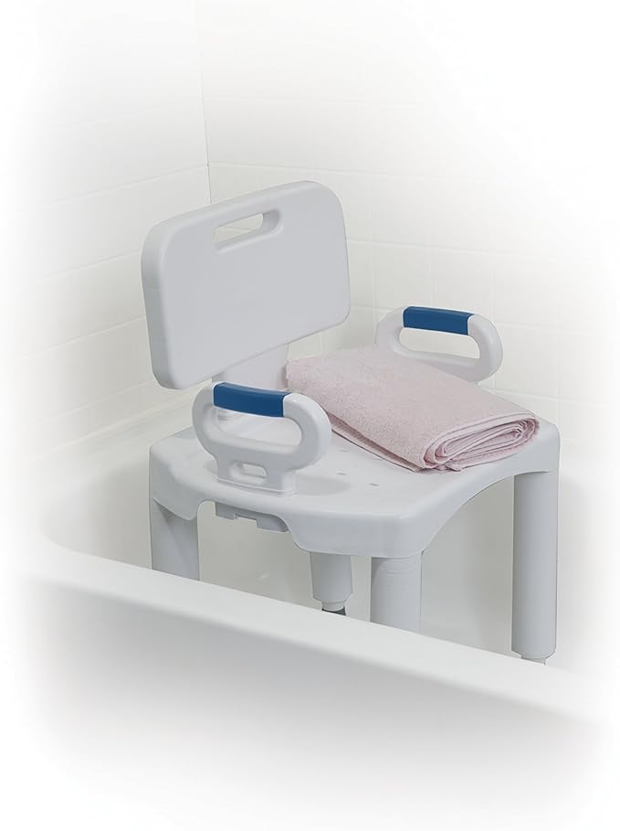 Drive Medical Bathroom Bench with Back & Arms - Adjustable Height - Suction Tip Legs for Stability - Durable Plastic Seat - 350 Lb Capacity - White