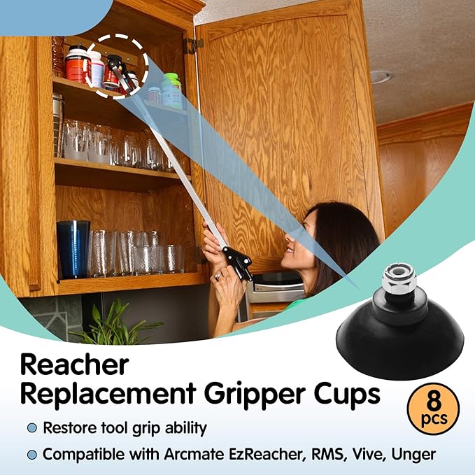 8 Pcs Replacement Gripper Cups Compatible with Arcmate EZ Reacher Accessory Tips, Outdoor Heavy Reacher Grabber Tips Part-Black, UV Resistant, Rubber Cups with Locknuts