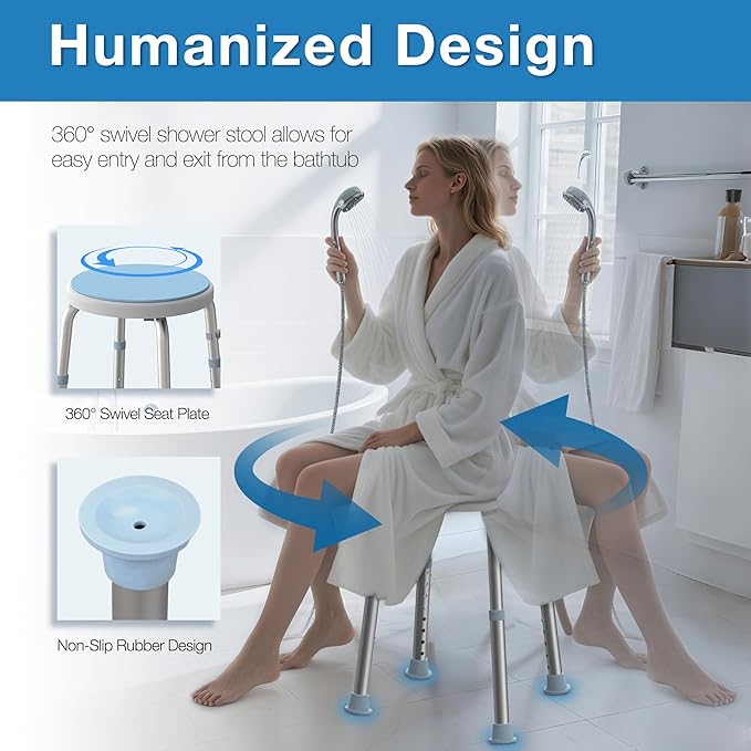WHLICKS Swivel Shower Stool for Inside Shower, 360° Rotating Stool with Non-Slip Seat Pad, Adjustable Shower Chair for Seniors with 6 Height Levels, Lightweight Seat Up to 300 lbs, Tool-Free Assembly