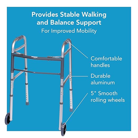 Carex Folding Walker with Wheels for Seniors, Portable Medical Walker with Adjustable Height, 30-37 Inches, Mobility Aid for Adults, Elderly, and Handicapped, Foldable, Aluminum Frame, Lightweight