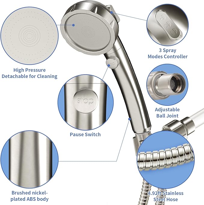 SINGSUO High Pressure Handheld Shower Head with On Off Switch, Detachable Shower Head, 3 Spray Modes Shower Massager Handheld with Hose and Adjustable Angle Bracket (Brushed Nickel)