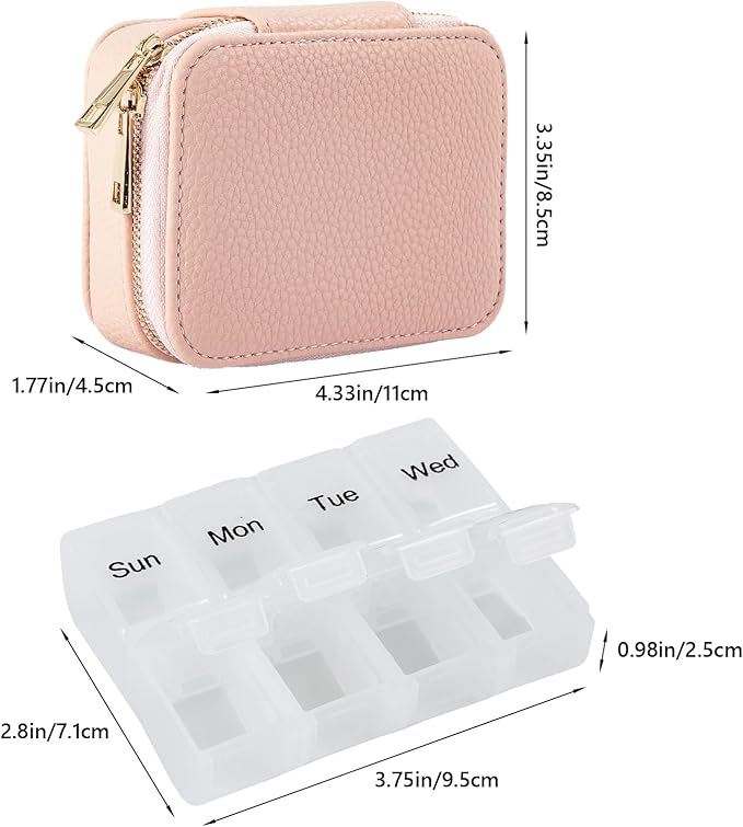 Weekly Pill Organizers Travel, Portable Pill Case with Removable Pill Sorter, Travel Pill Organizer 7 Day,Leather Vitamin Box, Pill Organizer Once a Day, Daily Pill Box Travel Case. (Pink)