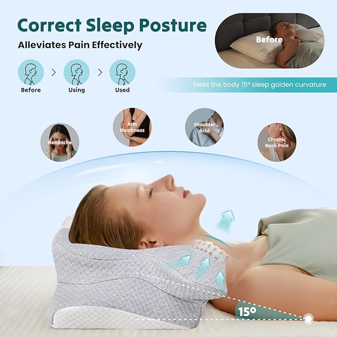 DUMOS Cervical Neck Pillow for Sleeping, Cooling Ergonomic Memory Foam Pillow with Arm Rest Slot and Ice Silk Pillowcase, Dual Height Orthopedic Support Contour for Side, Back, Stomach Sleepers