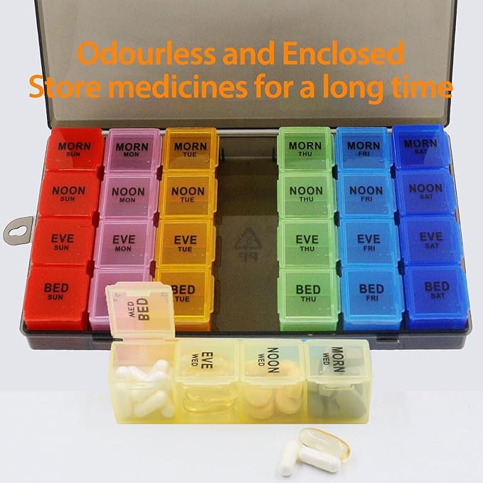 4Pack Weekly Pill Organizer 4 Times a Day, 7-Day Pill Boxes, Monthly Medication Organizer 28 Days Portable Compartments & Moisture-Proof Outer Case for Vitamins, Fish Oils, Supplements (Black)