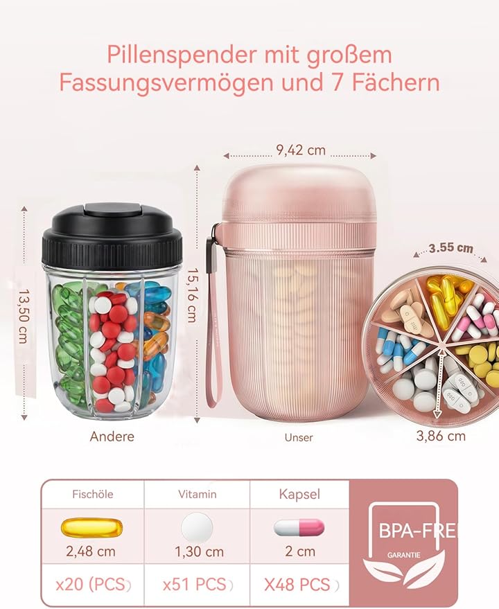 Large Pill Organizer with 7 Large Compartments,Pill Dispenser with Desiccant to Keep Medicines Fresh,Pill Bottle Organizer | Anti-Mixing | Light-Proof | Touch-Free,BPA-Free Vitamin Organizer,Blue