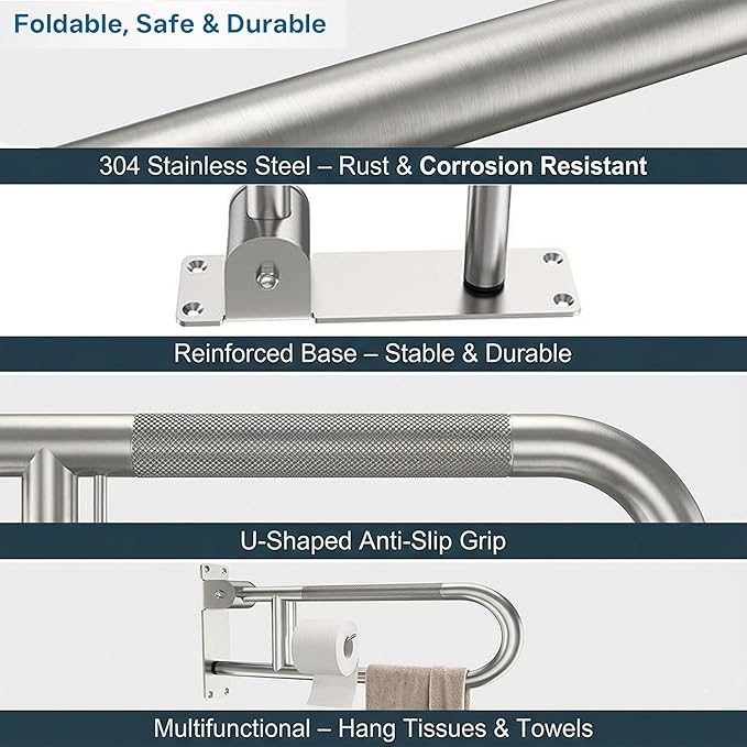 24-Inch Foldable Shower Grab Bar – 90° Flip-Up Design, Premium 304 Stainless Steel, Anti-Slip Grip with Built-in Paper Holder, Wall-Mounted Handicap Safety Rail, Supports 300–350 lbs