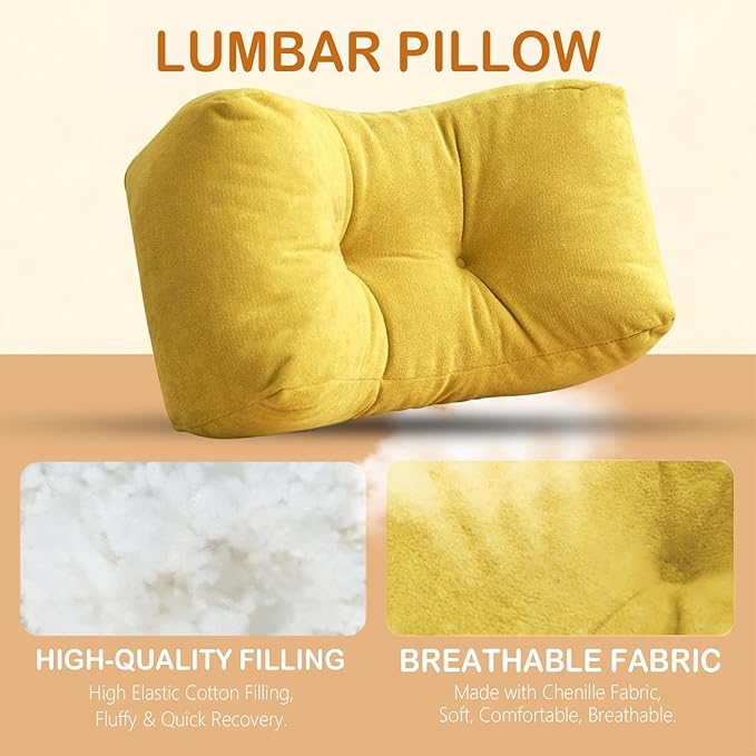 Lumbar Support Pillow Small Lower Back Pillow for Office Chair, Car Seat, and Desk Chair Ergonomic High-Elasticity Cushion for Pain Relief and Comfort on Sofa, Bed, or Travel (Yellow)