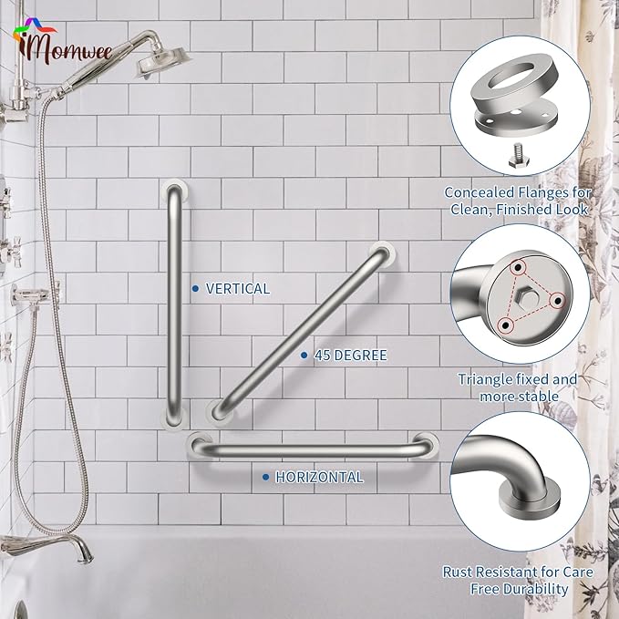 Satin Brushed Nickel Grab Bar 24 Inch x 1-1/2" Diameter, iMomwee 2 Pack Stainless Steel Bathroom Handrail, Safety Rail Shower Mobility Aid, Balanced Support Assist Handle for Elderly Seniors Disabled