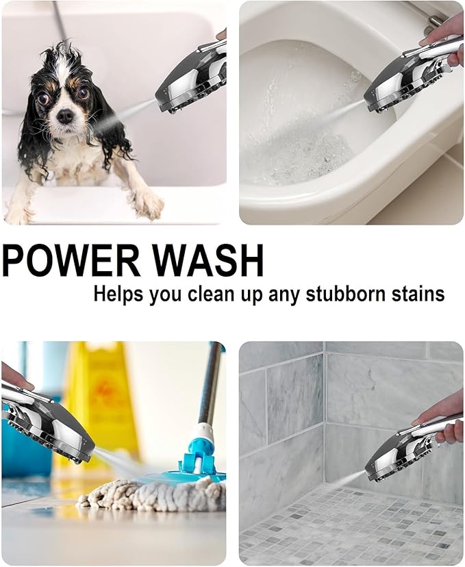 Shower Head With Handheld 7 Settings High Pressure, Built-in Power Wash to Clear Tub, Tile & Pets, 5" High Powerful Hand Held Rain Showerhead with Stainless Steel Hose and Adjustable Bracket