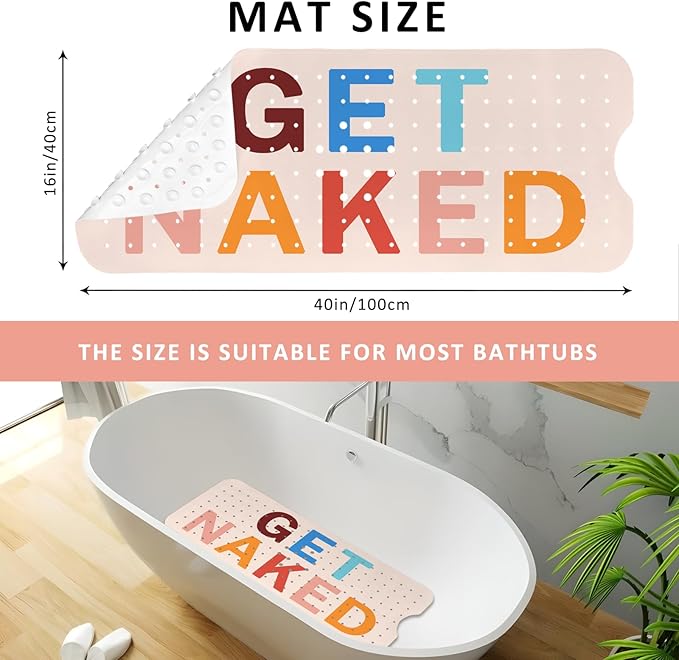 Get Naked Bath Mat for Tub, Non Slip Bathtub Mat for Baby Rubber Tub Mat, Cute Kids Bath Mats for Bathroom Funny Anti Slip Shower Mat with Suction and Drain Holes Machine Washable, 40″X16″