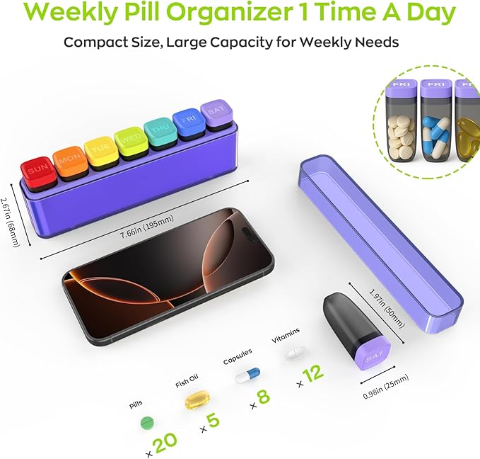Weekly Pill Organizer 1 Time a Day, HIONXMGA Portable Detachable Travel Pill Box 7 Day, Large Once Daily Pill Holder Case, Color-Coded Dispenser for Vitamin Medicine Supplement Fish Oil, Purple