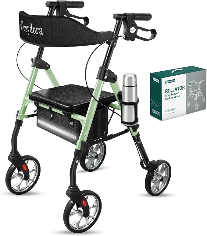 Cosydora Rollator Walkers for Seniors with Seat, 13.6 Lbs Ultra Lightweight Foldable Rolling Walker, 350Lbs Heavy Duty Aluminum, 8" All Terrain Wheels, Dual Adjustable Height, Sage Green