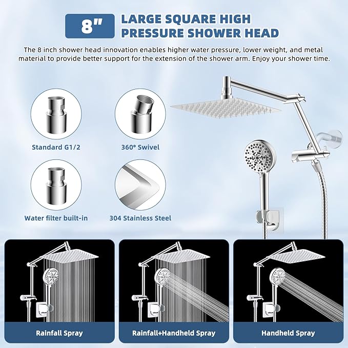 All Metal Rain Shower Head, 8” High Pressure Rainfall Shower Head with Handheld Showerhead, 5" Large Panel Handheld Spray Powerful Clean 10 Modes, 16" Stainless Steel Adjustable Extension Arm, Chrome