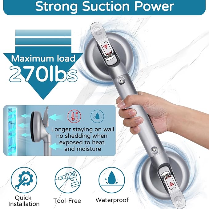 Suction Grab Bar for Shower Bathtub, Heavy Duty Shower Handle with Strong Suction Cup for Bathroom Wall, Max 269lbs Safety Handrails Non-Slip Grip for Seniors Elderly Disabled Handicap, 17 Inch Silver