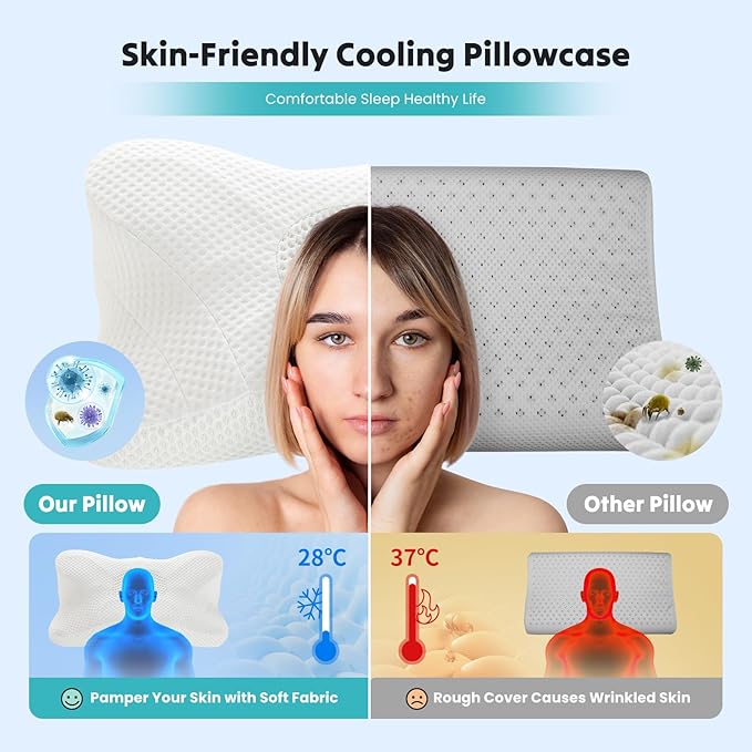 DUMOS Cervical Neck Pillow Set of 2, Memory Foam Contour Pillow with Arm Rest Slot and Soft Breathable Pillowcase, Ergonomic Dual-Height Orthopedic Support for Side, Back, and Stomach Sleepers, White