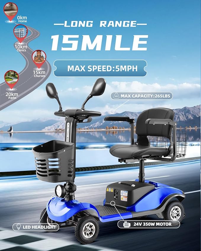 4 Wheel Electric Power Mobility Scooter for Adults, Electric Scooter for Seniors Folding Mobility Scooter -Max Speed 5 Mph,15 Miles Long Travel Range