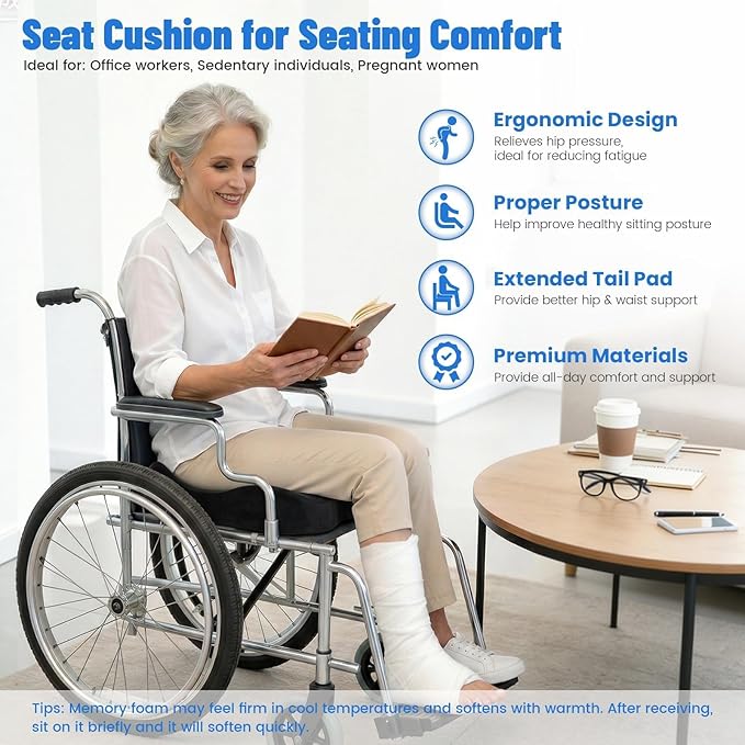 Wheelchair Seat Cushion, Premium Memory Foam Office Chair Cushion, Supportive Donut Pillow for Sciatica, Tailbone & Back Relief, Ergonomic Long Sitting Chair Pad for Car, Airplane, Black