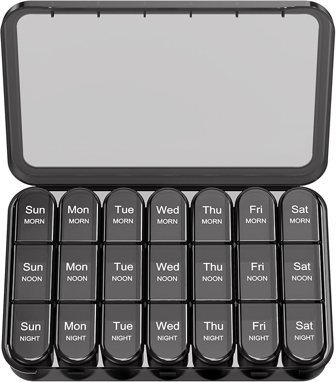 Daviky Pill Organizer 3X a Day, Weekly Pill Box 7 Day, Travel Pill Case with Large Containers, Light-Proof Pill Case for Vitamins, Medication, Supplements and Fish Oils (Black)