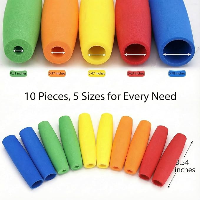 Foam Grip Tubing Kit for Adaptive Utensils & Silverware - Built Up Handle Aid for Arthritis, Elderly, Parkinsons, Stroke - Non-Slip Pencil Grips & Tool Holder - 5 Assorted Sizes (10 Pack)