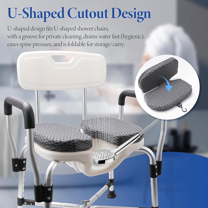 U Shaped Shower Seat Cushion, Quick Drying Shower Chair Cushion, Bathtub Chair Pad with 4D Air Fiber Materia, Shower Seat Mat with Mesh Cover and Hook, for Elderly, Senior, Handicap, Disabled