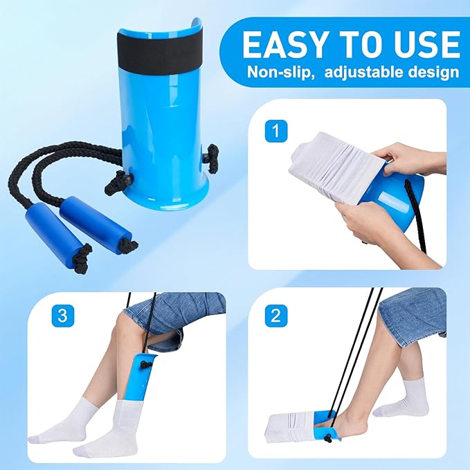 Sock Aids for Putting On Socks - Sock Aid Device Shoe Horn Kit for Seniors, Sock Helper Assistant Device Easy On and Off No Bending, Adjustable 3 in 1 Shoe Horn+Button Hook and Zipper Pull Helper