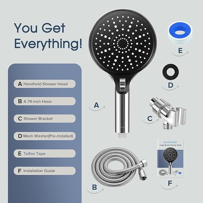 High Pressure 6" Full Body Coverage Handheld Shower Head - Wide Panel Powerful Spray for Easy Hair Washing & Effortless Cleaning - 79" Extra Long Stainless Steel Hose & 360° Swivel Bracket
