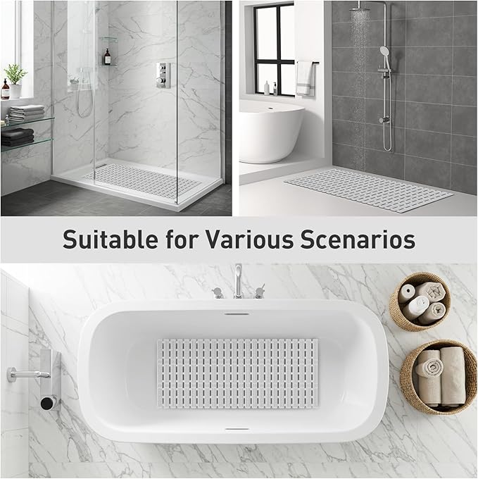 XIYUNTE Shower Mat Non Slip Bathtub Mat, 36 x 16 inches Rubber Bath Mat for Tub Non Slip Shower Mats for Inside Shower with Powerful Suction Cups and Drain Holes, Easy to Cut, Light Grey