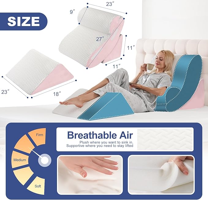 WSOFRLAC 4PC Geriatric Wedge Pillow System - Elderly Bed Wedges for Sitting/Sleeping, Post Surgery Body Positioner with Non-Slip Base (Ideal for Seniors & Pregnancy), White Pink