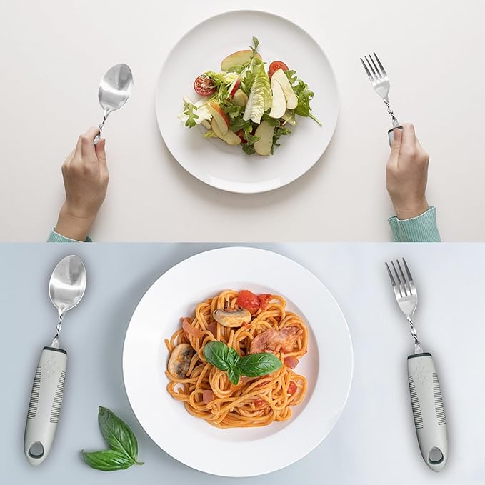 Adaptive Utensils for Elderly, Hand Tremors, Parkinsons & Handicapped | 3 Pack | Non-Slip Easy Grip Handles Right Handed Curved Spoon and Fork Set | Lightweight | Stainless Steel | Eat Independently