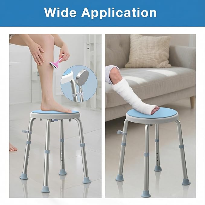 WHLICKS Swivel Shower Stool for Inside Shower, 360° Rotating Stool with Non-Slip Seat Pad, Adjustable Shower Chair for Seniors with 6 Height Levels, Lightweight Seat Up to 300 lbs, Tool-Free Assembly