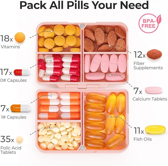 AUVON Daily Pill Organizer Fit with Your Purse or Pocket, Compact Pill Case Travel Essentials with Magnetic Folding Closure & Long-Lasting Hinges, Pill Box for Fish Oils, Supplement, Vitamins (Pink)