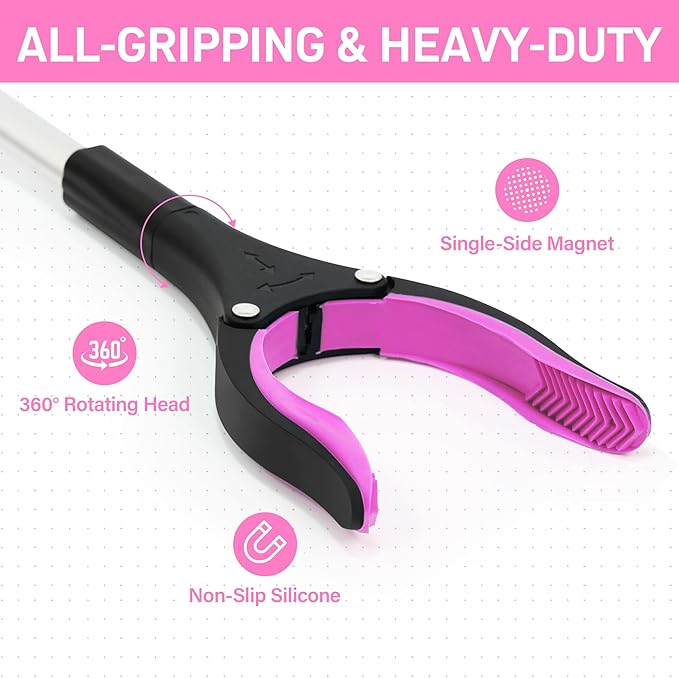 Grabber Reacher Tool for Seniors, 36" Foldable Reacher Grabbers Pickup Stick with Anti-Slip 360° Rotating Jaw, with Magnet for Disabled, After Surgery Recovery (Pink, 36inch 2pack)