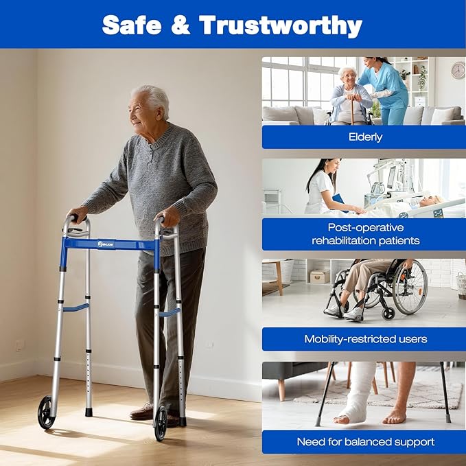 Whlicks Narrow Folding Walkers for Seniors,Aluminum Lightweight Walkers with Wheels, Adjustable Width and Height Front Wheel Walker for Elderly and Disabled, Supports up to 350 lbs