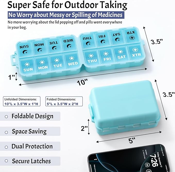 Foldable Weekly Pill Organizer 2 Times a Day with 2 Extra Compartments (Clear Printed Labels) - Portable 7 Day AM PM Medicine Box, Week Daily Travel Pill Case Holder for Vitamin, Supplement - Sky Blue