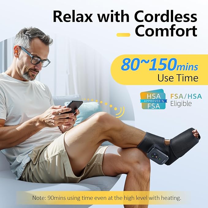 Comfytemp Portable Air Compression Foot Massager with Heat, FSA Eligible HSA, Cordless Ankle Compression Massage for Circulation and Pain Relief, Ideal for Mom Dad Seniors (1 Pack, Fits Size 6 to 10)