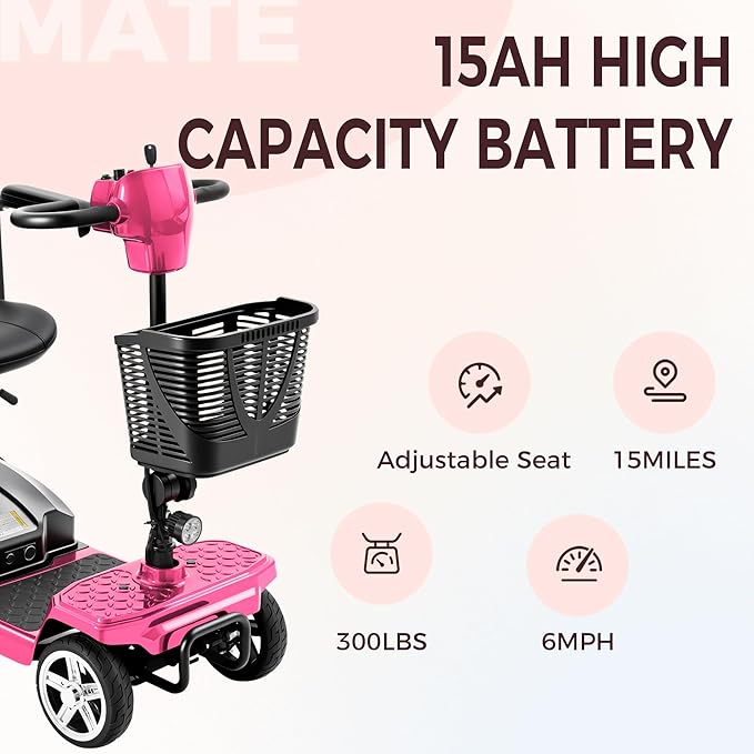 4 Wheel Mobility Scooter for Seniors & Adults 15 Mile Range, 6 MPH Powered Mobility Scooter with 300 lbs Capacity, Foldable Compact Mobility Scooter for Travel, Electric Wheelchair