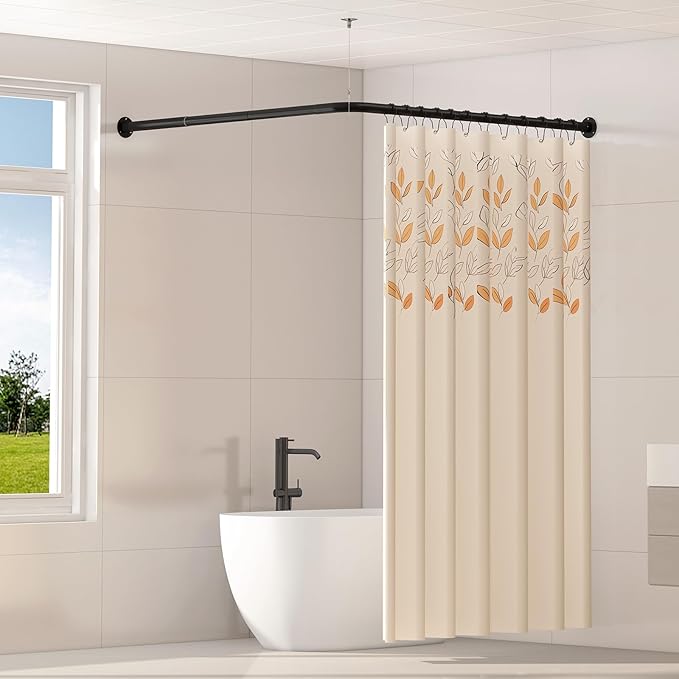 L Shaped Corner Shower Curtain Rod, 39" - 69" x 55" - 85" Adjustable 90 Degree Curved Bathroom Rod Square Rail No Sag with 12 Hooks & Ceiling Support - Black