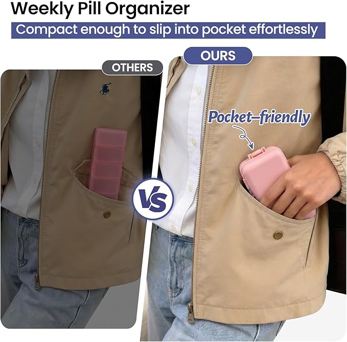 NEW Foldable Weekly Pill Organizer with Extra Grid, Cute & Portable 7 Day Pill Box 1 Time a Day, Week Daily Medicine Organizer - Large Travel Pill Case Holder Dispenser for Vitamin, Supplement - Pink