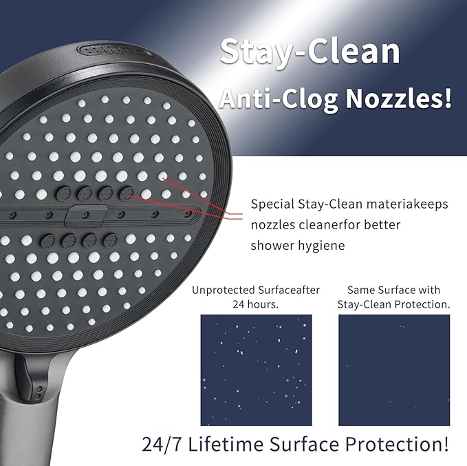 High Pressure 6-mode Handheld Shower Head- Anti-clog Nozzles,Built-in Power Wash to Clean Tub, Tile & Pets,Stainless Steel Hose, Wall & Overhead Brackets