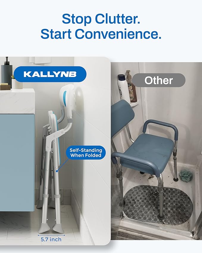 Folding Shower Chair for Inside Shower with Arms and Back, 400 LBS Foldable Bath Seat for Elderly Seniors & Disabled, Heavy Duty Portable Shower Stool with U-Shape Cutout & 6-Level Height (Blue)
