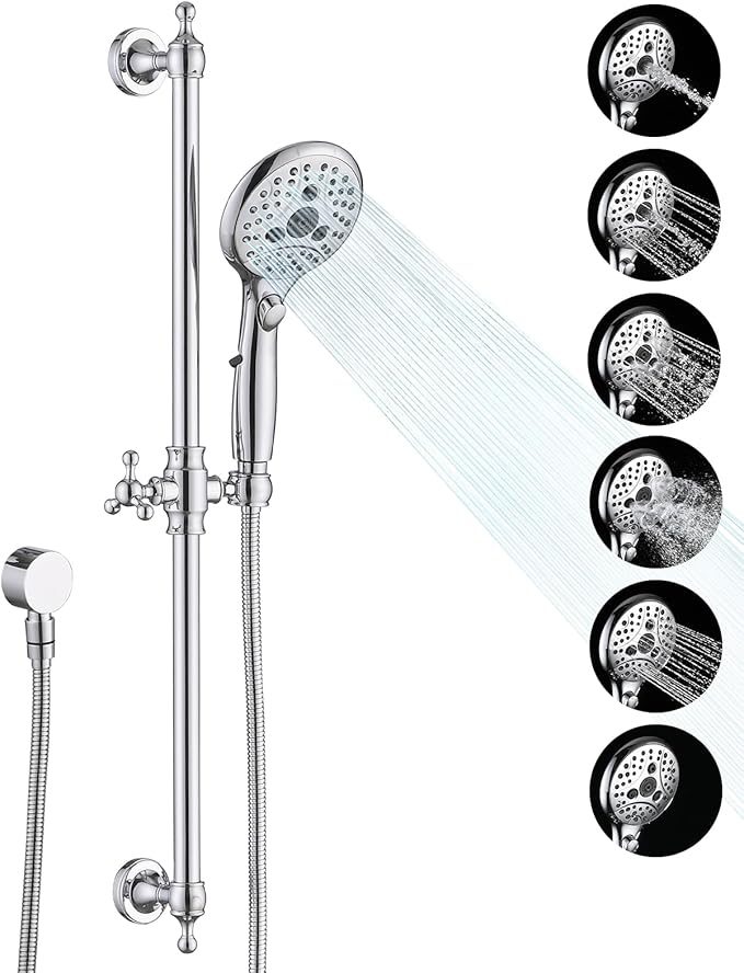 Handheld Shower Head with Slide Bar Combo, 6 Settings Handheld Shower with ON/OFF Pause Switch, Adjustable Height 27.5" Long Slide Bar, Round Wall Supply Elbow and 6.6ft Shower Hose, Chrome