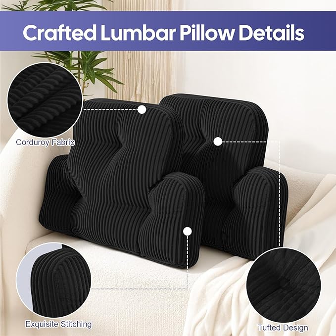 Lumbar Support Pillow for Recliner, Large Back Support Pillow for Office Chair, Tufted Corduroy Back Cushion for Elderly, Lower Back Pain Relief, Ideal for Sofa & Couch, Black