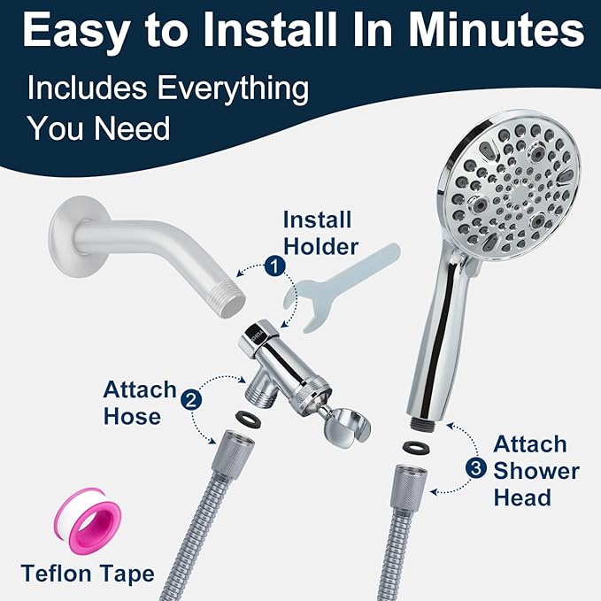 Shower Head Handheld with All Metal Showerhead Holder and Extra Long Hose 6 ft. 10 Spray Mode High Pressure Built-in Power Wash Hand Held Showerhead, Handheld Shower sprayer Premium Chrome 2.5 GPM