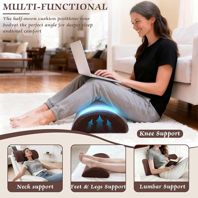 Queekay Recliner Leg Rest Cushion Large Half Moon Bolster Pillow 22.8 x 9.84 x 4 Inch Lumbar Support Pillow Bed Sleeping Semi Roll for Legs, Knees, Lower Back, Ankle and Foot Washable Cover(Brown)