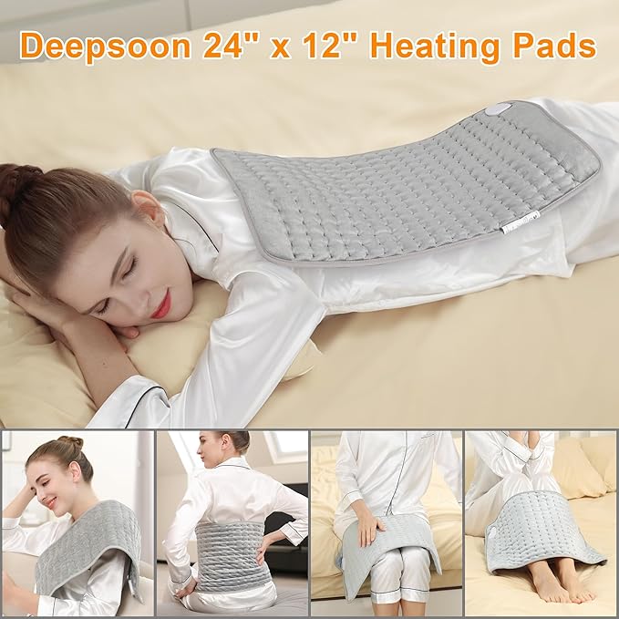 Deepsoon Heating Pad,Electric Heating Pads for Back,Neck,Moist Heating Pad for Abdomen Shoulder Knee Legs,Dry/Moist Heat&Auto Shut Off,Mother's Day Birthday for Men and Women,Light Gray,24x12 Inch