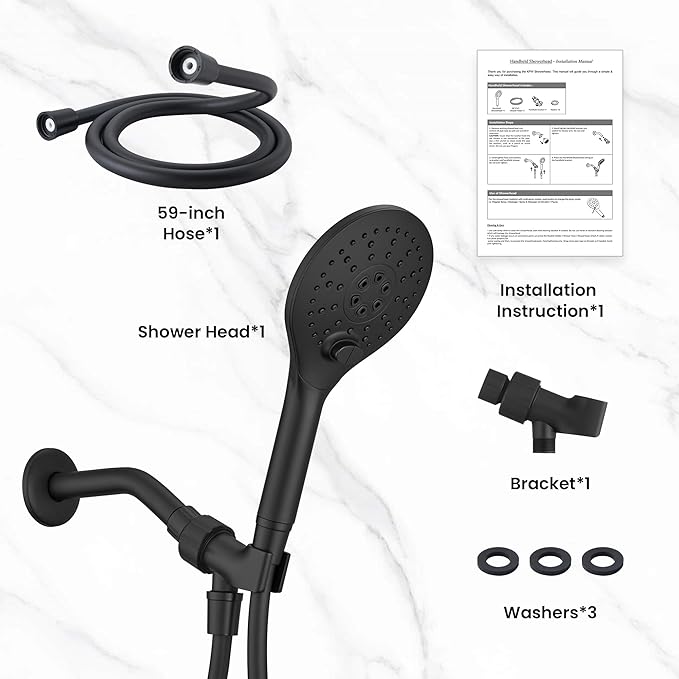 KPW Handheld Shower Head with 59" PVC Hose Matte Black Detachable Shower Head Adjustable Bracket High Pressure Handheld Shower Head RV Shower Head